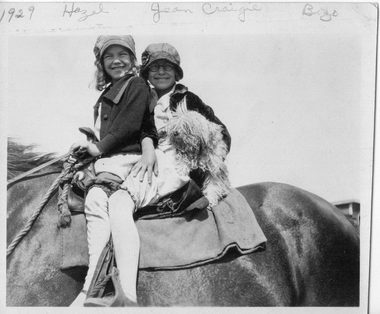 Hazel, Jean holder Bozo on back of the horse
